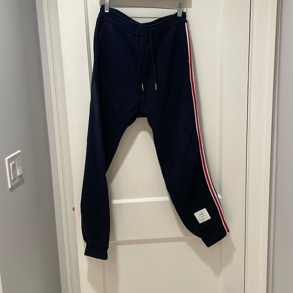 Navy thom browne navy sweat pants size 4=xl will fit m-l with gold detail